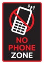 Telephone black warning stop sign icon. With text NO PHONE ZONE. Vector