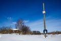 Telephone booth in the village in winter. Winter landscape. Village life in the Russian Outback. An abandoned village. Nobody