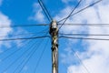 Telephone cables radiating from a telegraph pole. UK. Royalty Free Stock Photo