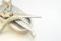 Telephone cord being cut by scissors Royalty Free Stock Photo