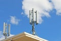 Telephone exchange with cellular antennas on roof in blue sky