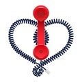 Telephone handset with heart shaped cord. Symbol of phone love affair. Vector isolated illustration