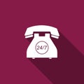 Telephone 24 hours support icon isolated with long shadow. All-day customer support call-center. Full service 24 hour Royalty Free Stock Photo