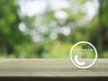 Telephone and mail icon button on wooden table over blur tree Royalty Free Stock Photo