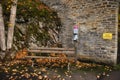 Telephone outside next to a bench