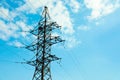 Telephone pole and wires against blue sky with clouds Royalty Free Stock Photo