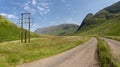 Telephone poles and cable leading along the valley of Glen Coe,Scottlsh Highlands,United Kingdom