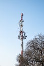 Telephone radio network antenna base station on the telecommunication mast radiating signal.