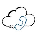 Telephone receiver with a wire on a background of a cloud. Retro handset phone. Call center. Vector illustration. Simple hand draw