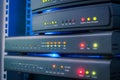Telephone voice routers are in the data center. Equipment for Internet connection works in computer racks. Several digital Royalty Free Stock Photo