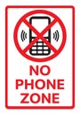 Telephone warning stop sign icon. Text NO PHONE ZONE. Vector