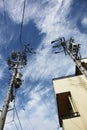 Telephone wires against a beautiful blue sky Royalty Free Stock Photo