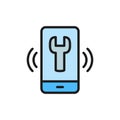 Telephone with wrench, helpdesk flat color icon.