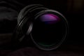 Telephoto lens aperture close up with UV filter. Royalty Free Stock Photo