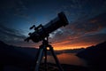 Telescope on the background of the night sky with stars and lake, Big astronomical telescope under a twilight sky ready for Royalty Free Stock Photo