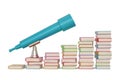 Telescope and book stacks isolated on white background. 3D illustration
