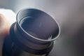 Telescope eyepiece with rubber eyecup, hand hold Royalty Free Stock Photo