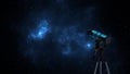 Telescope follows starry sky. Astronomy, observation of stars planets galaxies nebulae. Observing cosmos astronomical telescope. Royalty Free Stock Photo