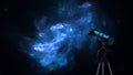 Telescope follows starry sky. Astronomy, observation of stars planets galaxies nebulae. Observing cosmos astronomical telescope. Royalty Free Stock Photo