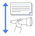 Hand holding telescope with documents and vertical arrow indicating exploration or growth Royalty Free Stock Photo