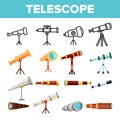 Telescope Icon Set Vector. Spyglass Discover Tool. Astronomy Science Magnify Instrument. Learning Universe. Planetarium