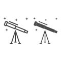 Telescope line and solid icon, science concept, Space research optical instrument sign on white background, Astronomy