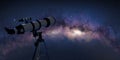 Telescope pointing at the Milky Way in a starry night Royalty Free Stock Photo