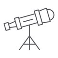 Telescope thin line icon, science and astronomy, spyglass sign, vector graphics, a linear pattern on a white background.