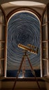 Telescope on tripod observing star trails through arched window at night Royalty Free Stock Photo
