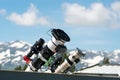Telescopes on observatory rooftop with mountains and blue sky Royalty Free Stock Photo