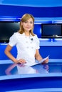 Television anchorwoman at TV studio Royalty Free Stock Photo