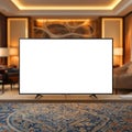 Television with blank screen on wooden surface in a room with carpet and blurred background view Royalty Free Stock Photo
