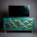 Turquoise Tv Cabinet With Gold Metal Surround In Naturalistic Ocean Wave Style