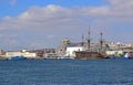 Television Film Crew In Helicopter Over Old Wooden Ship Royalty Free Stock Photo