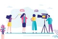 Television group create video content for tv. Female reporter interviews businesswoman. Production studio make video blog or