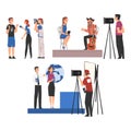 Television Industry, Journalists Taking Interview and Cameramen Shooting with Video Camera Cartoon Style Vector
