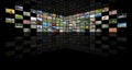 Television and internet concept illustration, tv news multimedia background on black