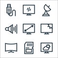 television line icons. linear set. quality vector line set such as , memory card, curve, broken, adjust, volume, satellite, tv