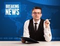 Television presenter in front telling breaking news with blue mo Royalty Free Stock Photo