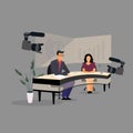 Television presenter, journalists at news studio flat illustration. Newscasters broadcasting, recording news release. Mass media, Royalty Free Stock Photo