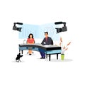 Television presenter, journalists at news studio flat vector illustration. Newscasters broadcasting, recording report. Breaking Royalty Free Stock Photo