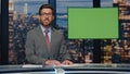 Television presenter point green screen talk evening news. Man ending newscast