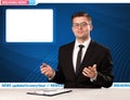 Television reporter telling breaking news at his studio desk wit Royalty Free Stock Photo