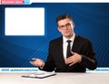 Television reporter telling breaking news at his studio desk wit Royalty Free Stock Photo