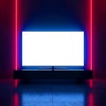 Television set with blank screen on a stand with neon lights in a dark room background design element Royalty Free Stock Photo