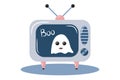 Television set in a room at night, showing static noise and a Cute ghost. Horror themed