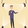 Television show. Young presenter or performer on a standup show on stage. Man in classic style clothes. Cartoon