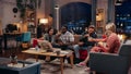 Television Sitcom Concept. Four Diverse Friends having Fun in Living Room. Funny Sketch of One