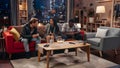Television Sitcom Concept. Three Diverse Friends having Fun in the Living Room. TV Show Funny Sketch