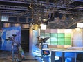 Television studio equipment, spotlight truss and professional ca Royalty Free Stock Photo